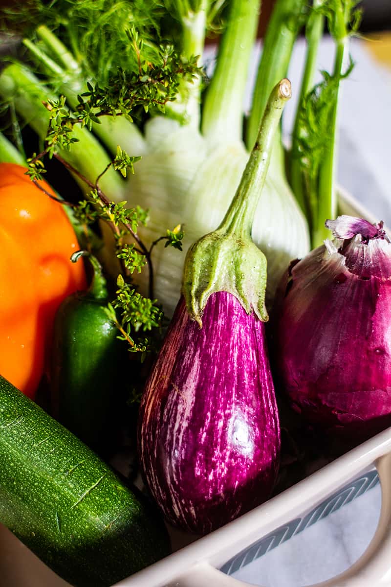 A close up of a homegrown graffiti eggplant for caponata of eggplant.