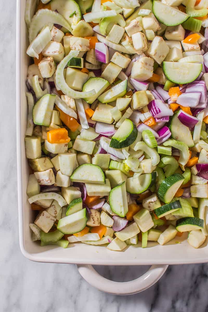 The fresh ingredients for Caponata of Eggplant all chopped up to be roasted. 