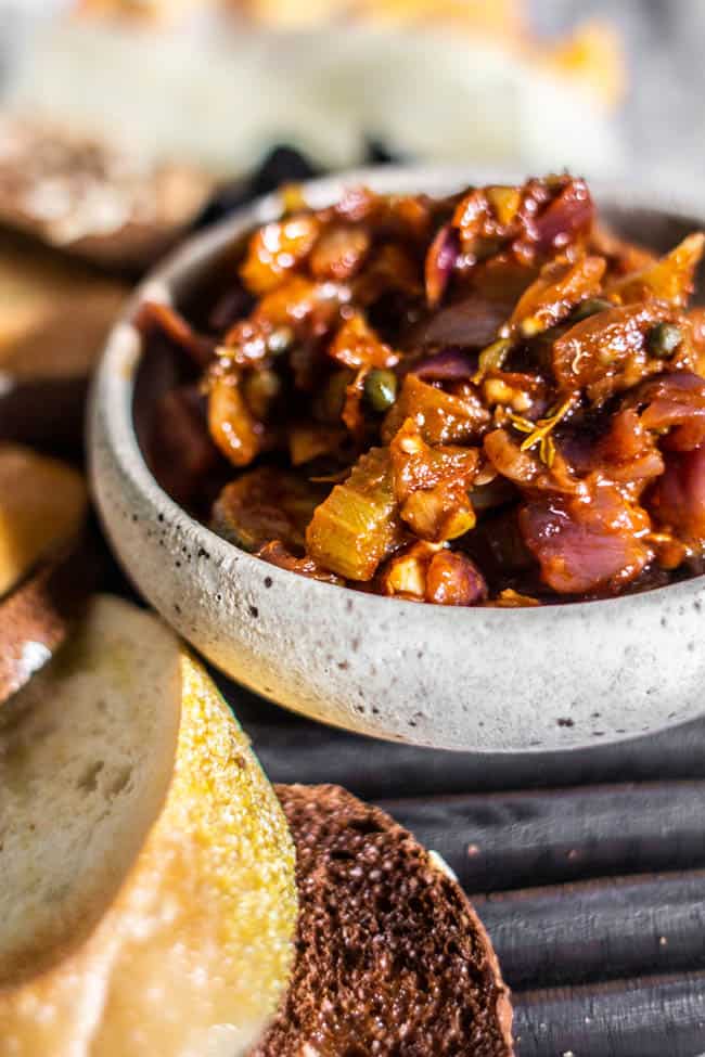 A bowl of caponata of eggplant.