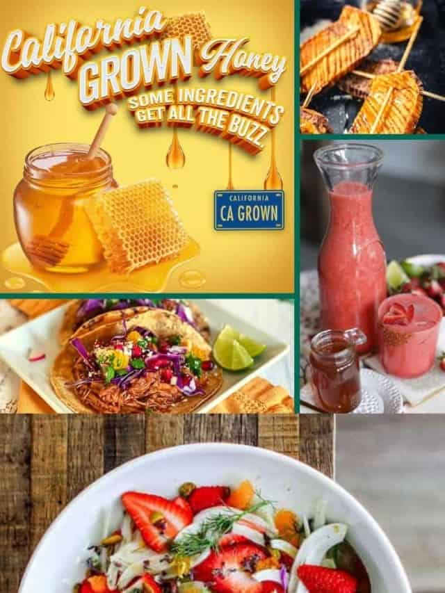 A graphic with four images of recipes made with honey.