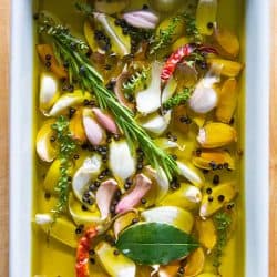 Garlic confit about to go into the oven.