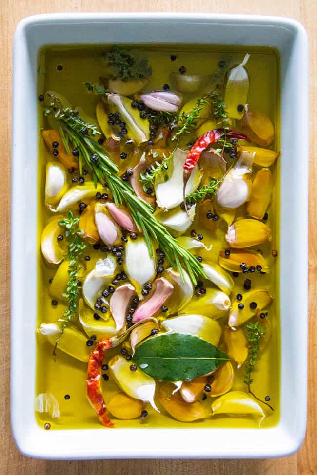 Garlic confit about to go into the oven.