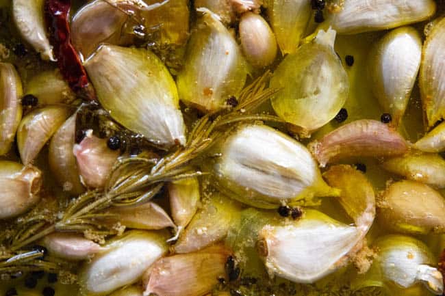 Garlic confit after baking in the oven.