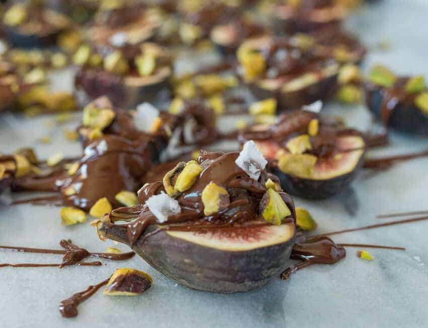Fresh Figs with Date Caramel, Dark Chocolate + Pistachios