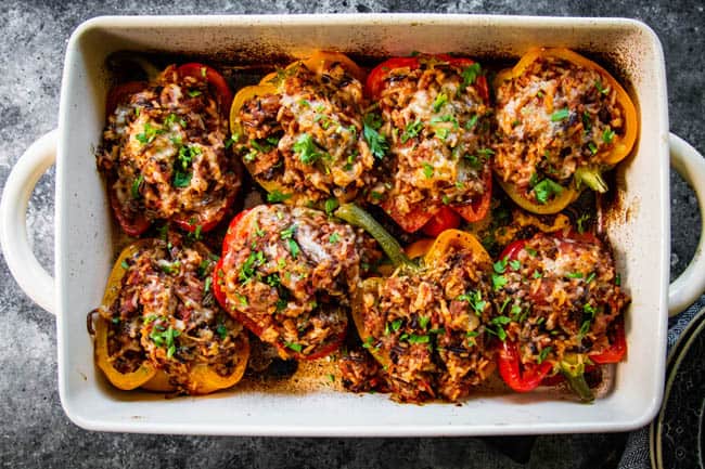 Easy Stuffed Bell Peppers in a baking dish 