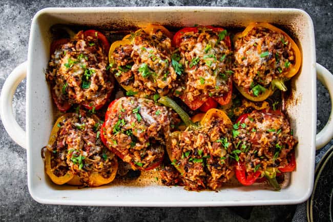 Easy Stuffed Bell Peppers in a baking dish