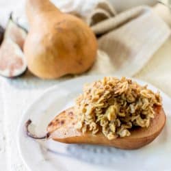 This recipe for baked oatmeal is different becuase the oatmeal is piled high atop a pear before being baked.