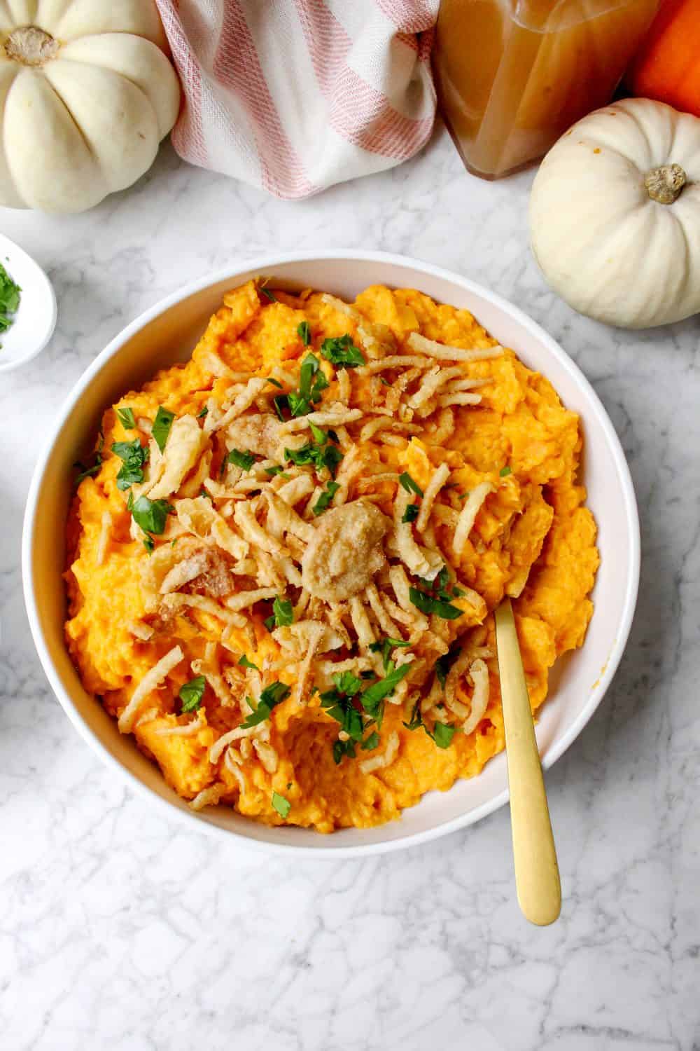Apple Cider Mashed Sweet Potatoes with Crispy Onions