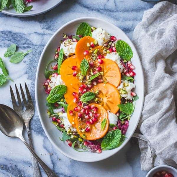 Persimmon and Pomegranate Salad with Burrata and Pistachio Dukkah