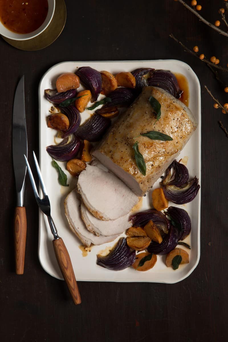 Roast Pork Loin with Caramelized Persimmons and Onions