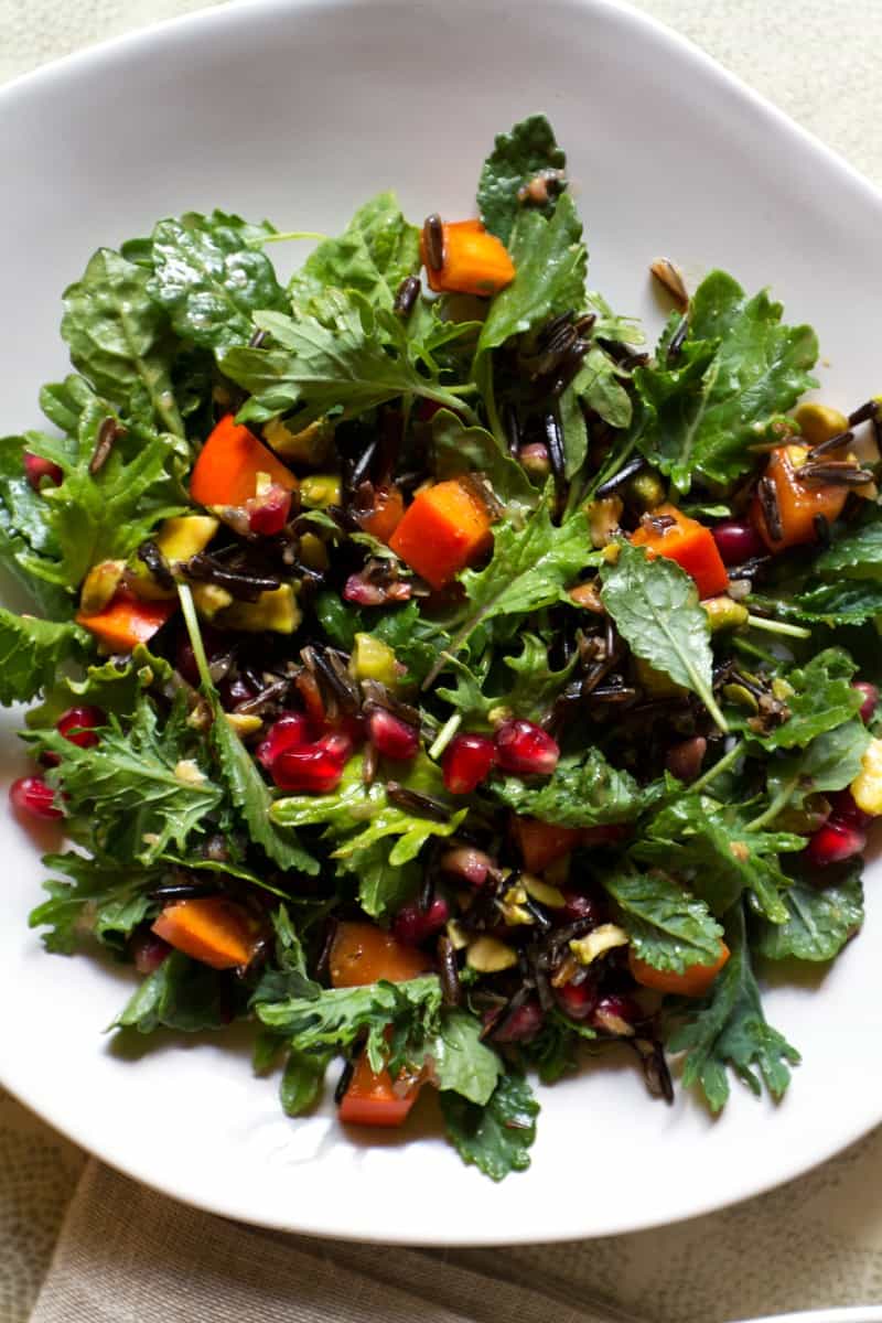 Pomegranate And Persimmon Wild Rice Salad With Miso Dressing