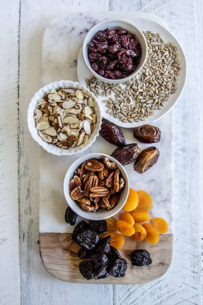 An assortment of dried fruit and nuts for Oatmeal Breakfast Cookies.