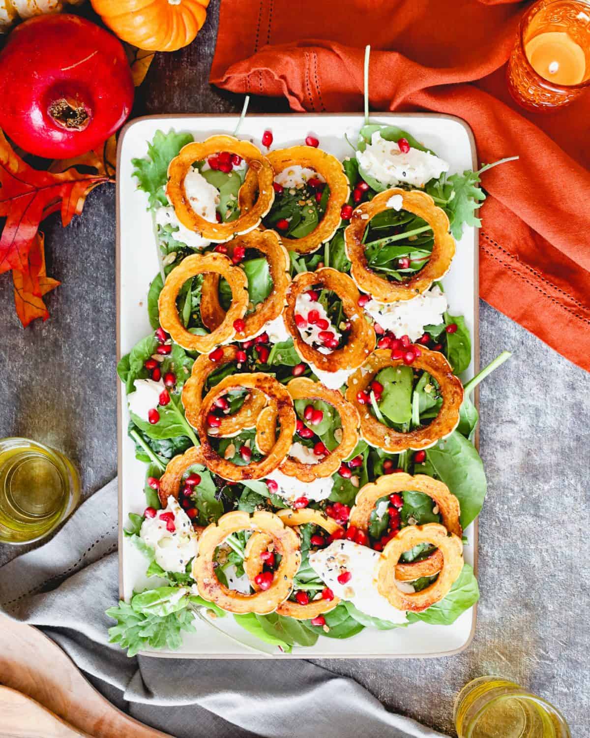 An Easy And Impressive Salad For Thanksgiving With Delicata Squash, Pomegranate & Burrata