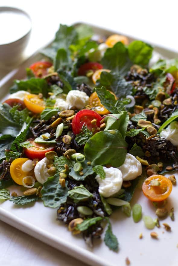 Wild Rice Salad with Baby Greens, Tomatoes, Mozzarella, and Pistachios