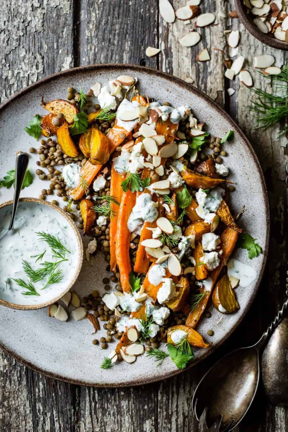 Roasted Beet & Carrot Lentil Salad with Feta, Yogurt & Dill