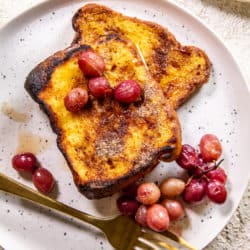 Ready to serve Sheet Pan French Toast with Roasted Grapes.