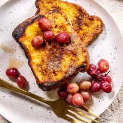 Ready to serve Sheet Pan French Toast with Roasted Grapes.