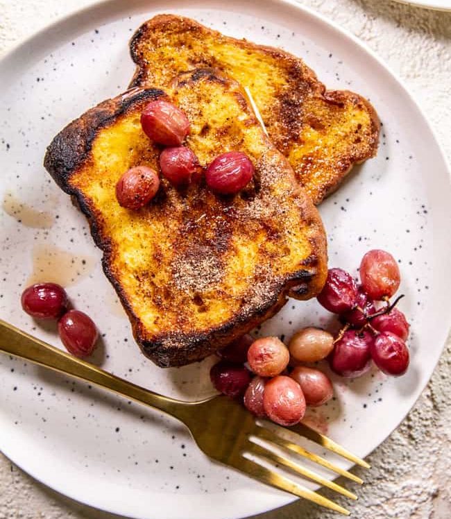 Ready to serve Sheet Pan French Toast with Roasted Grapes.