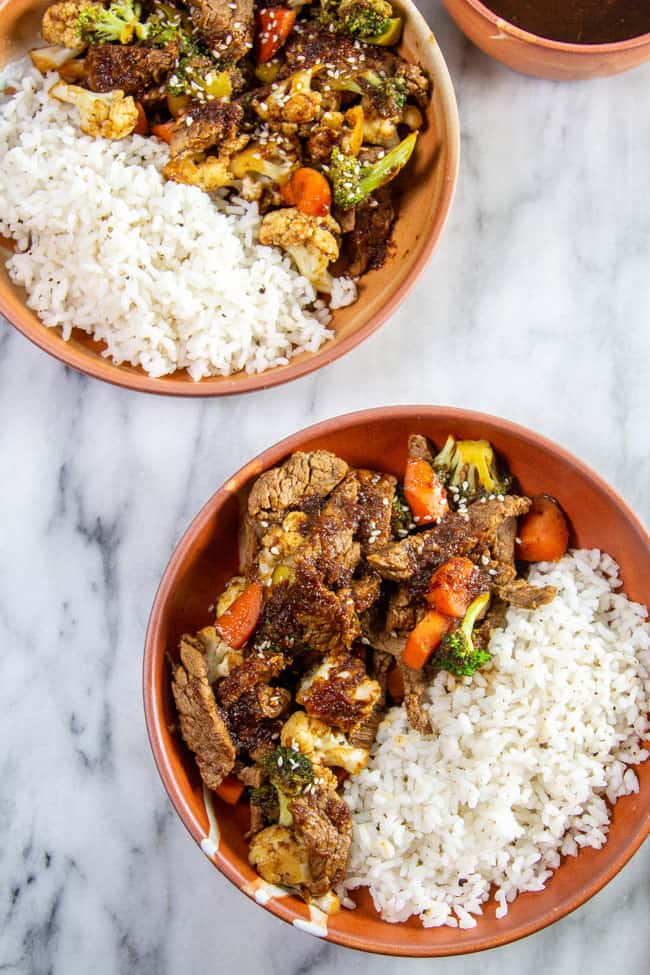 Two bowls of Beef Stirfry with Winter Vegetables