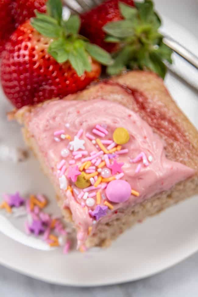 A slice of Strawberry Rosé Snack Cake.