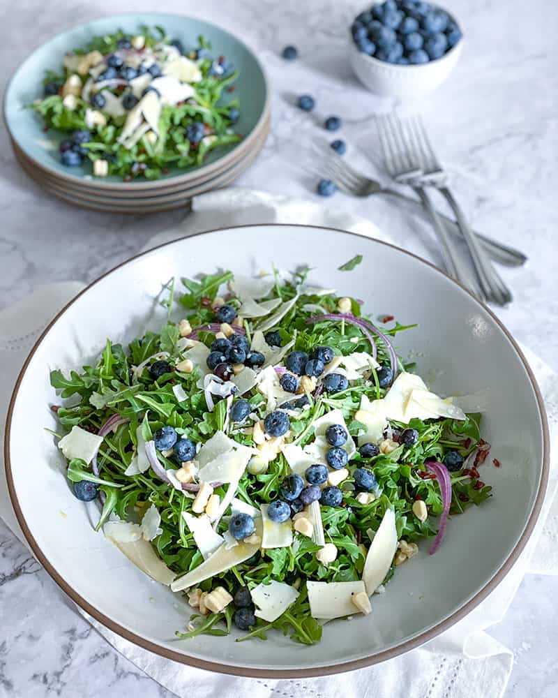Blueberry Arugula Wild Rice Corn Salad in a bowl