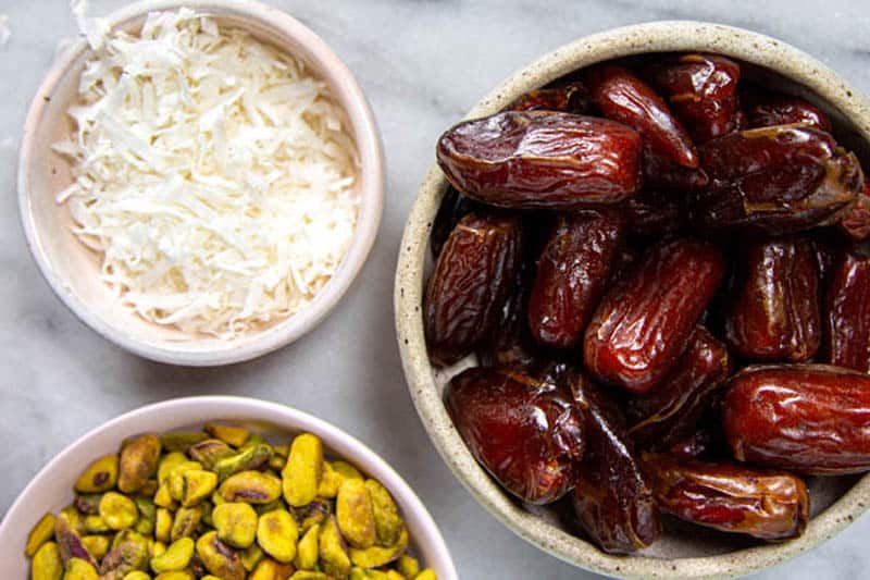 Dates, pistachios, coconut.