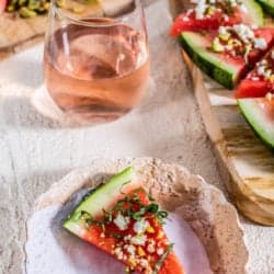 A Fruit-Forward Easy Appetizers Party Round-up and Pistachio, Hot Honey & Basil Watermelon Wedges.