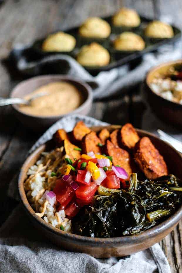 Brown Rice Bowl Recipe with Collards & Roasted Sweet Potatoes recipe 