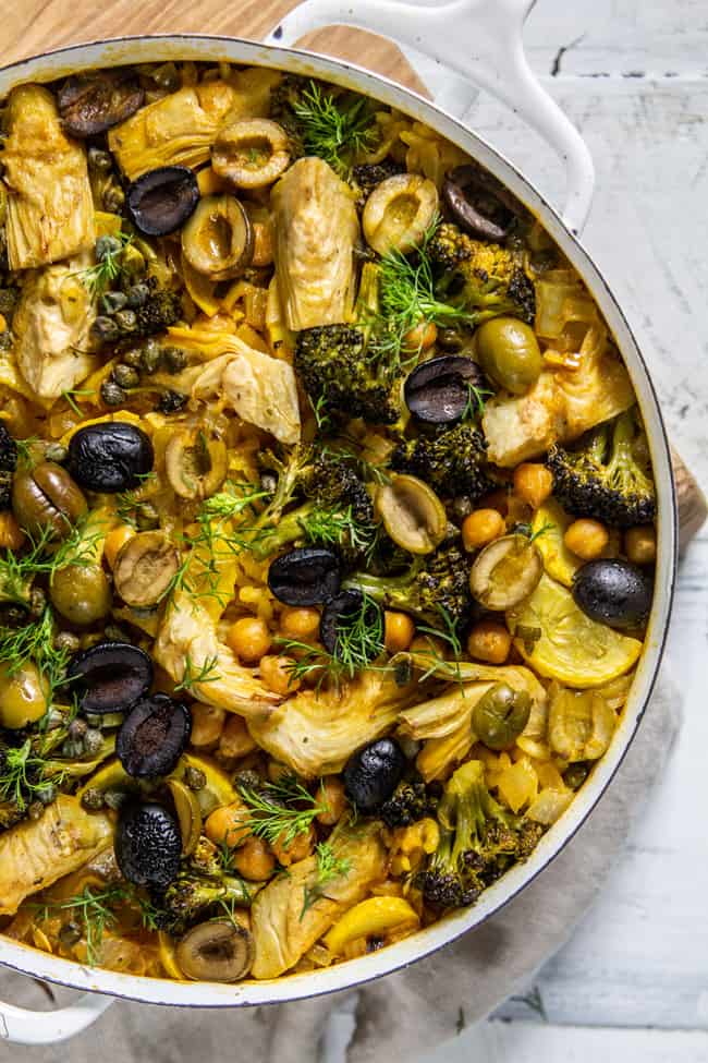 Oven Baked Paella with Artichoke Hearts and Seasonal Veg