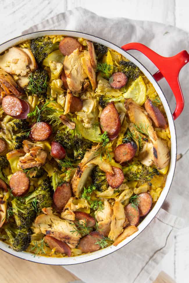 Oven Baked Paella with Artichokes, Sausage, & Chicken