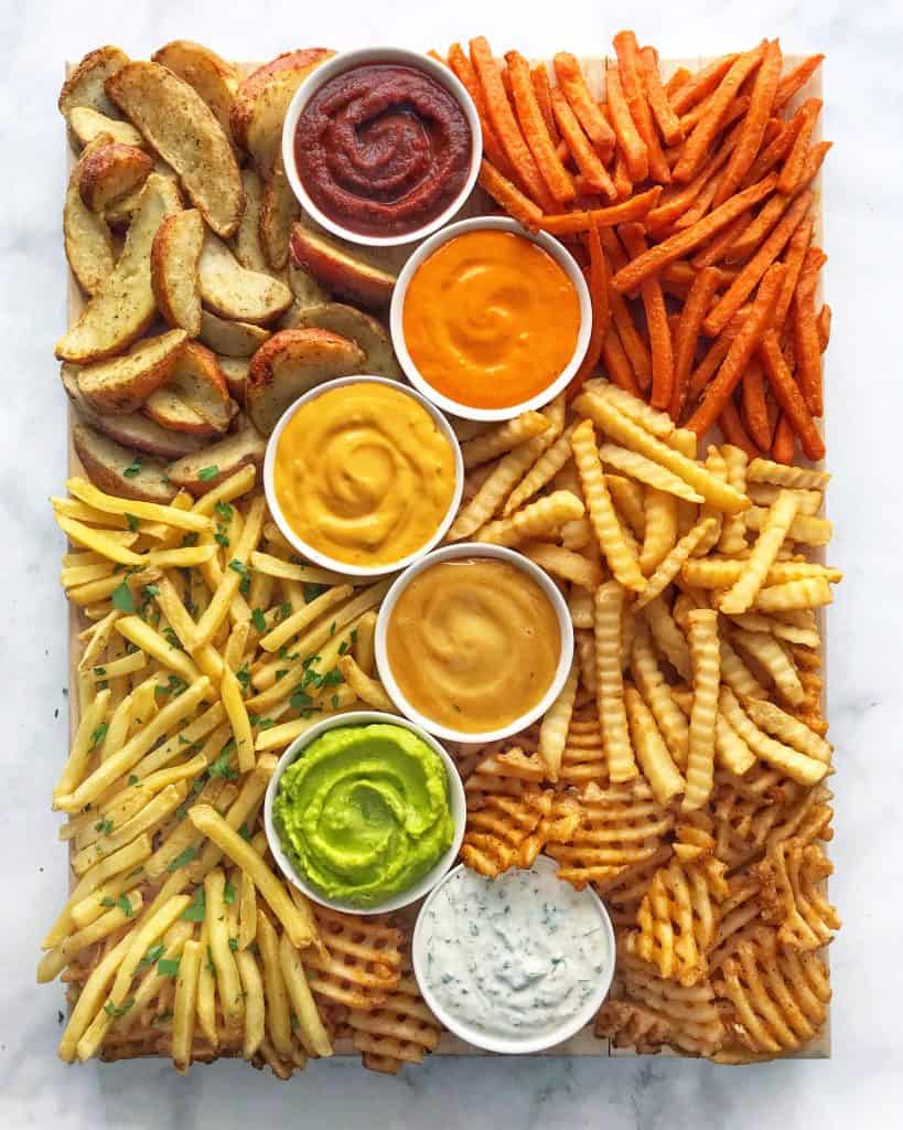 A French Fry Board with Rainbow Sauces