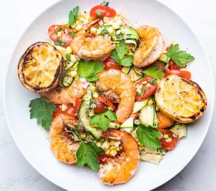 Grilled Shrimp with Fresh Corn, Zucchini and Tomato Salsa 