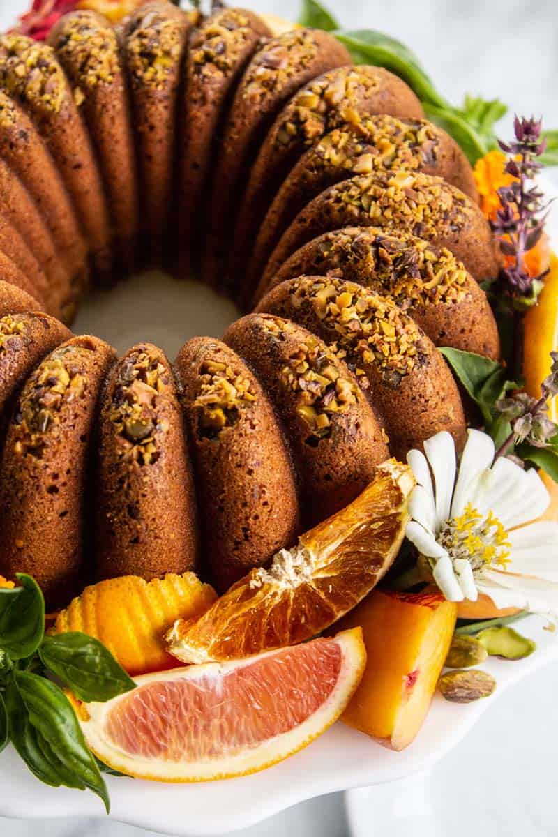 Pistachio and Moscato Bundt cake with citrus and stone fruit.