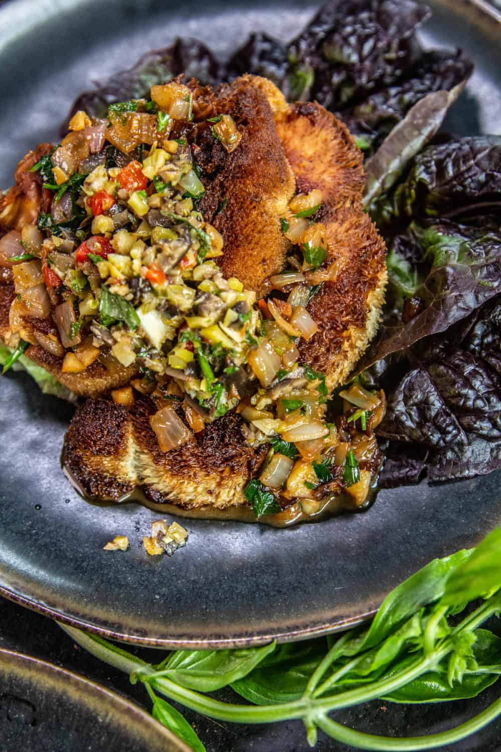 Close up of Lion's Mane mushroom steak