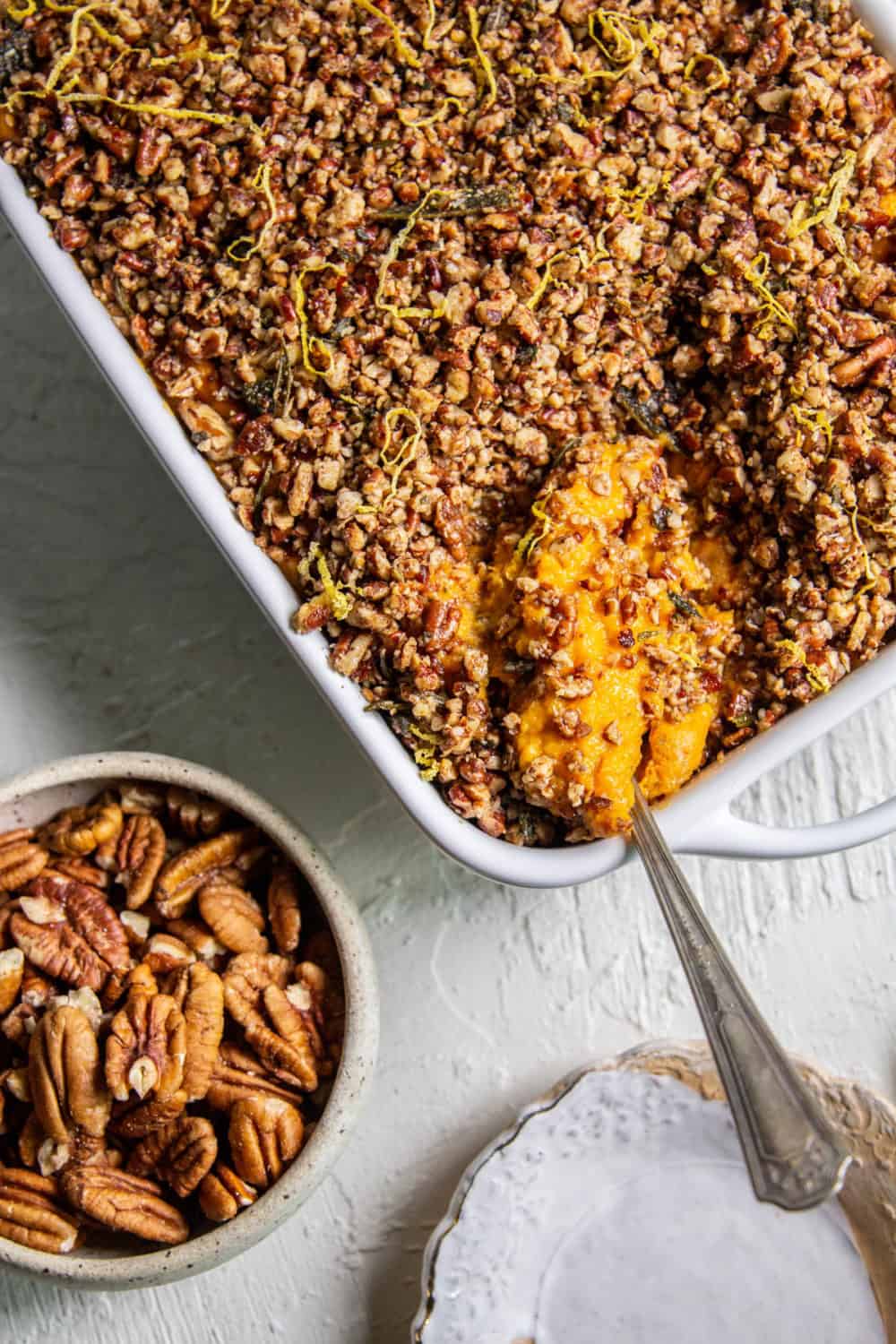 Brown Butter Sweet Potato Casserole with Pecans & Rosemary