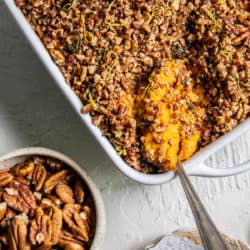Brown Butter Sweet Potato Casserole with Pecans & Rosemary