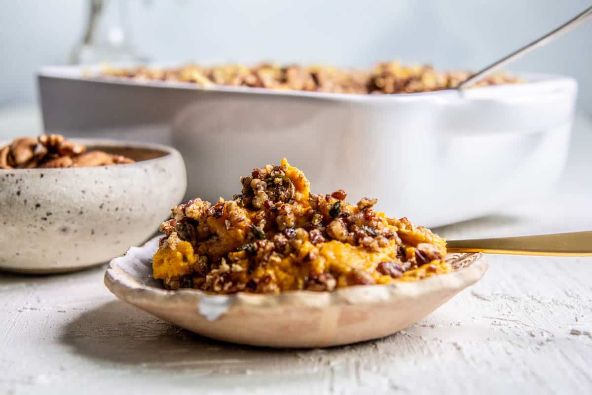 Brown Butter Sweet Potato Casserole with Pecans & Rosemary