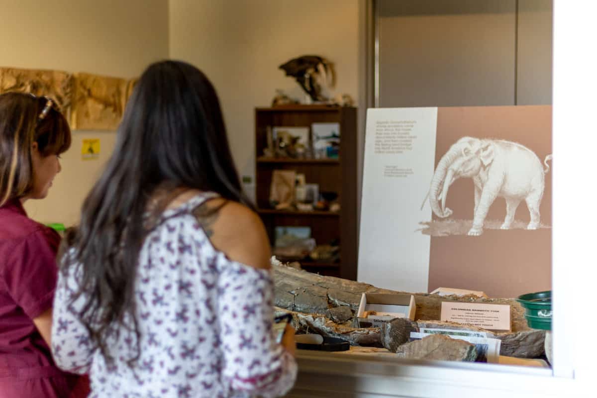 Tahiri Flores & Becky Sue Wilberding looking at the exhibits at the Fossil Discovery Center. 