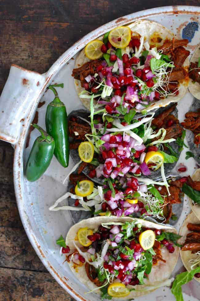 Beef Tacos with Pomegranate Salsa  from Hola Jalapeno