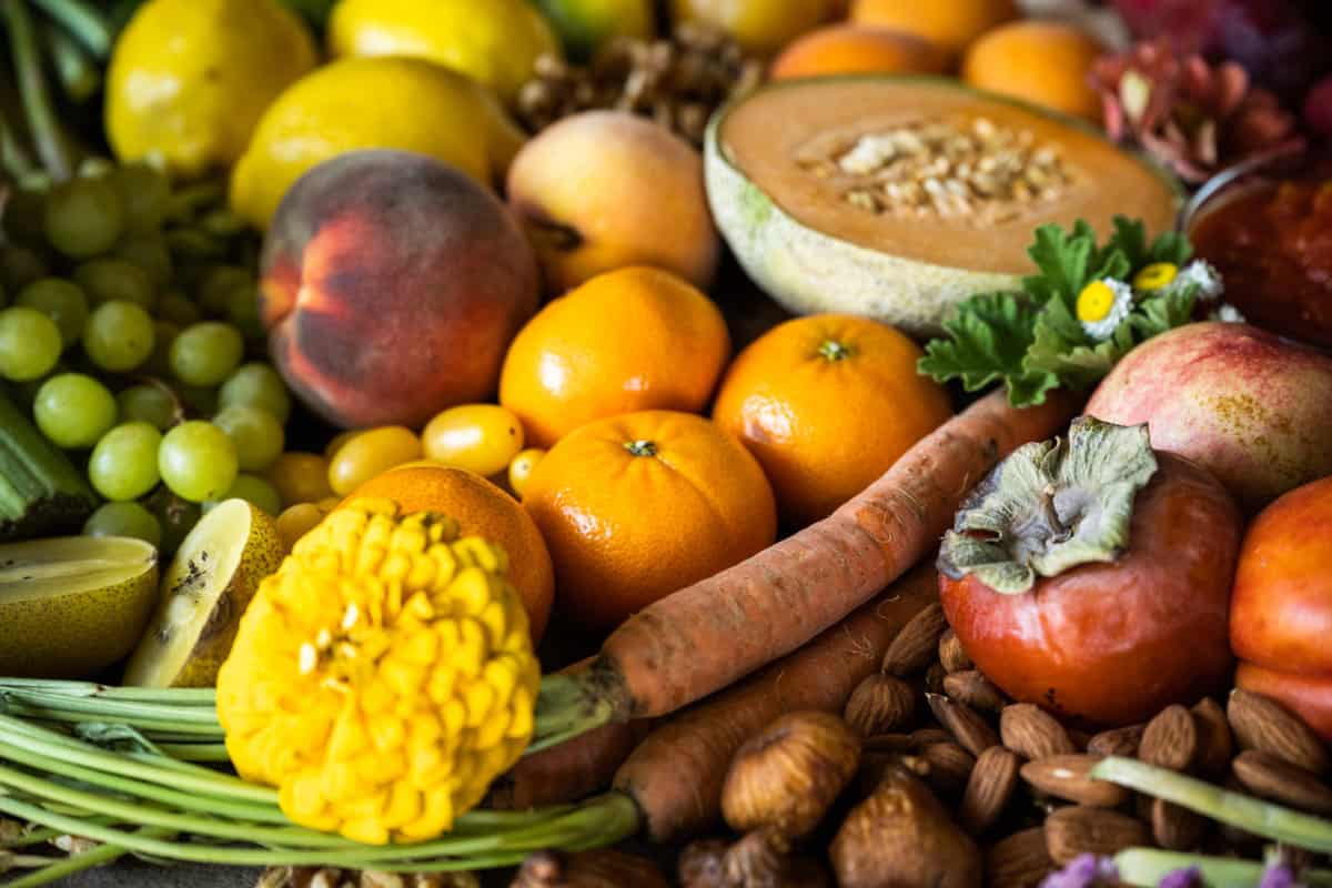 Picture of orange and yellow produce that travels from farm to table in California