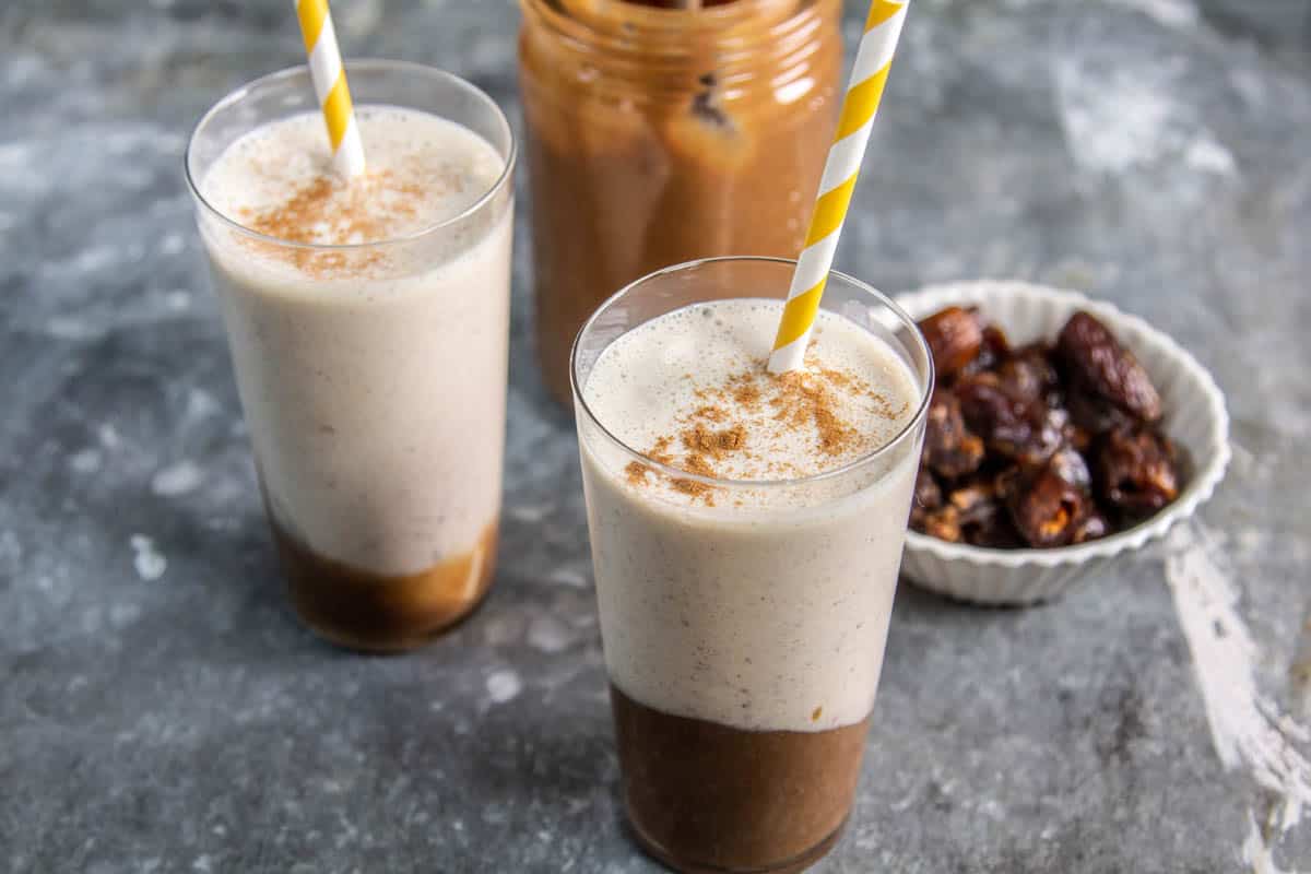 Two date shakes and a jar of date caramel