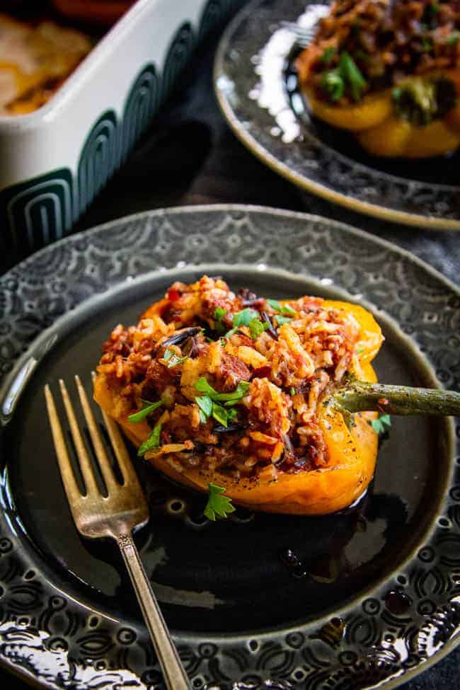 Stuffed Bell Peppers with wild and sweet rice. Sweet rice is grown only in california