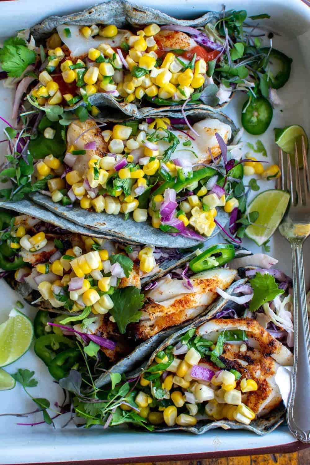 Grilled Fish Tacos with Sweet Corn Salsa from Hola Jalapeno