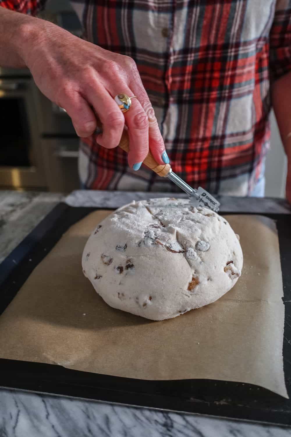 Scoring dough walnut raisin bread gluten free recipe