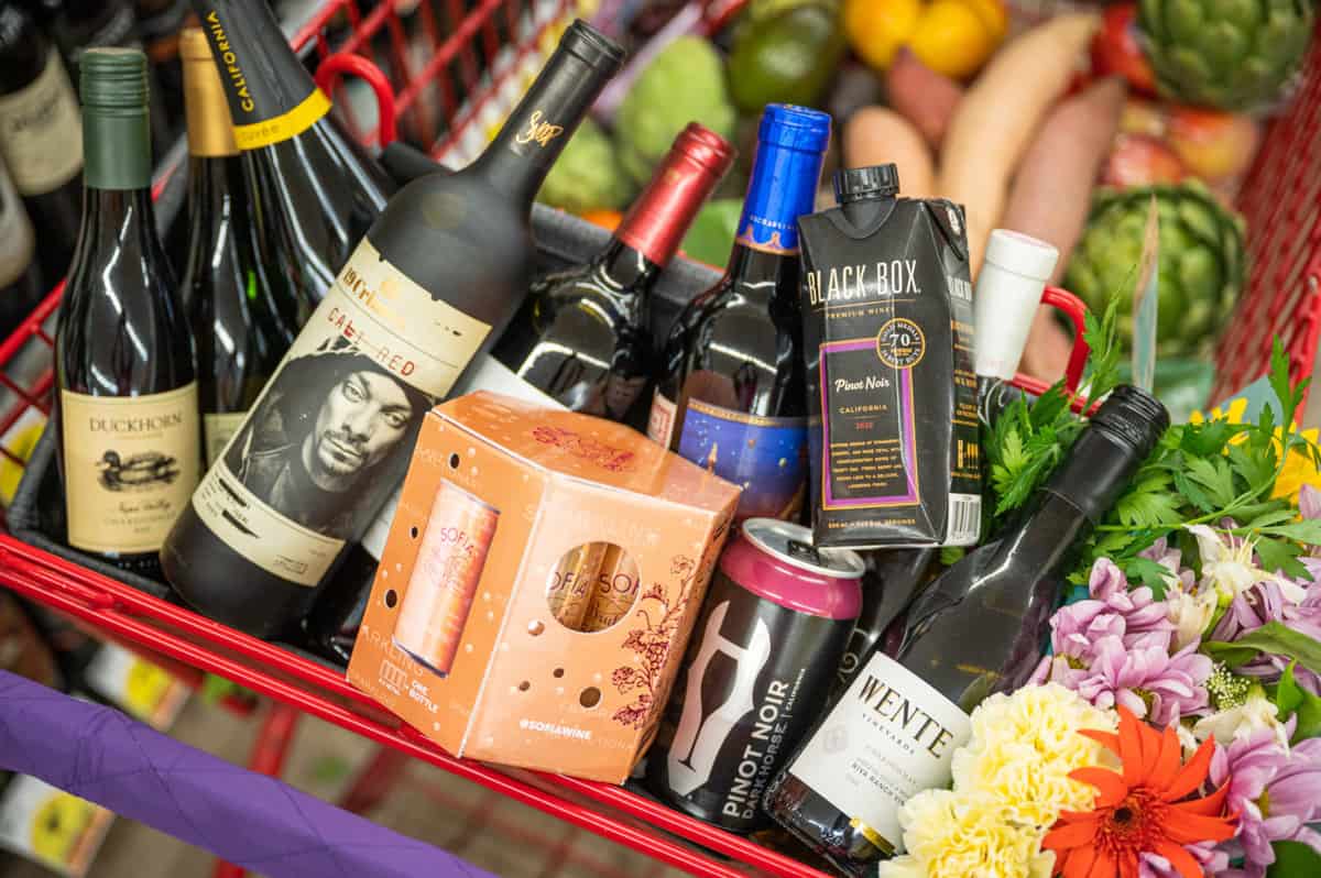 how to tell where your wine is from - grocery cart full of wines from California