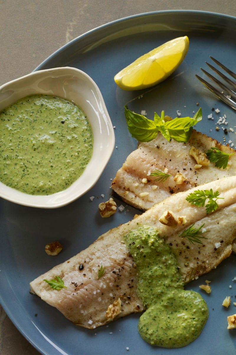 Trout with Walnut Green Sauce from Salt and Wind