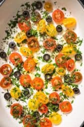 tomato olive and herbs for baked eggs