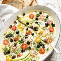 Fresh Tomato + Herb California Baked Eggs with Avocado & Ripe Olives Recipe Fresh Tomato + Herb California Baked Eggs with Avocado & Ripe Olives Recipe