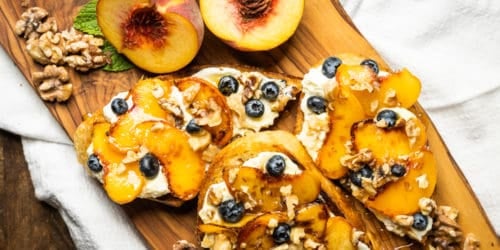 Ricotta Toast with Warmed Peaches, Honey, Blueberries and Walnuts