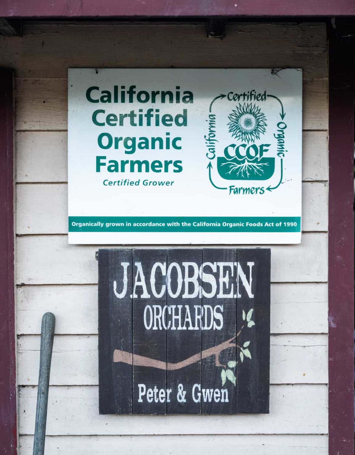 COOF sign at Jacobsen Orchards urban farm in Napa Valley, CA